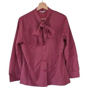 Vintage Rhoda Lee Button Down Secretary Blouse Scarf Tie Burgundy Red Polka Dot